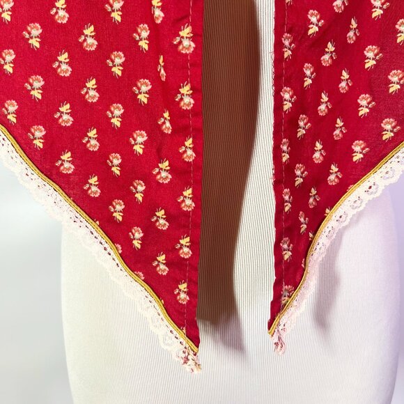 Vintage 1970s Maggee Floral Triangle Wrap Shawl Floral Lace Trim Red - Picture 3 of 8